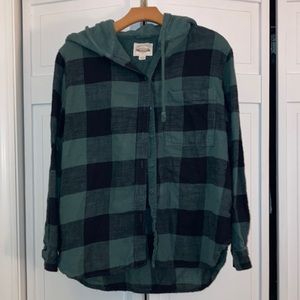 American Eagle Oversized Hooded Flannel - Black & Green - Size S